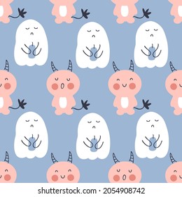 Seamless pattern with ghosts and demons blowing out a candle. Perfect for T-shirt, textile and prints. Hand drawn vector illustration for decor and design.


