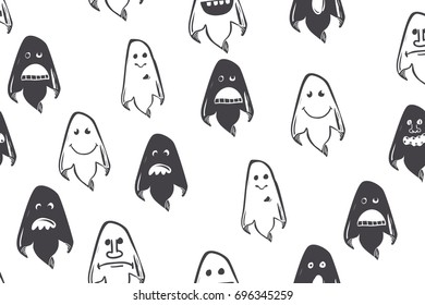Seamless pattern of ghosts with different faces and emotions. Hand drawn engraved vintage sketch for symbol autumn holiday, wallpaper, textile, package design. Doodle style