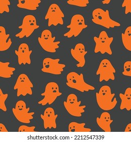 Seamless pattern with ghosts. Halloween pattern for different designs. Dark grey background with bright orange ghosts silhouettes