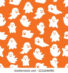 Seamless pattern with ghosts. Halloween pattern for different designs. Bright orange background with white ghosts silhouettes