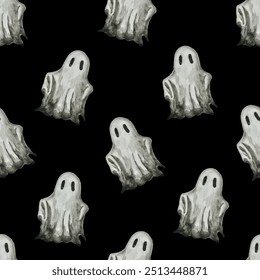 Un patrón sin fisuras de fantasmas. Fantasma de la acuarela de Halloween sobre fondo negro