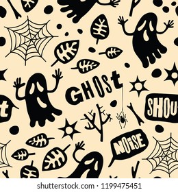 Seamless pattern with ghosts, leaves, webs, stars. Happy Halloween. Monochrome background.
