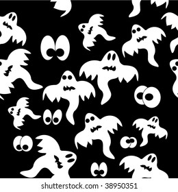 Seamless pattern with ghosts on black background. Vector illustration.