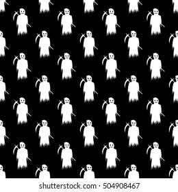 Seamless pattern of ghosts on black background.