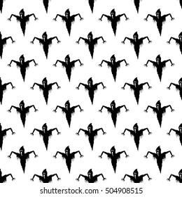 Seamless pattern of ghosts on black background.