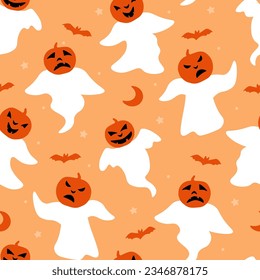 Seamless pattern with ghosts and pokes on the head. A terrible print for the Halloween holiday. Vector graphics.