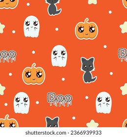 Seamless pattern with ghosts, pumpkins, cats in kawaii style for Halloween