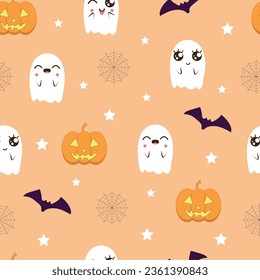  Seamless pattern with ghosts, pumpkins, cobwebs, halloween bat in kawaii style