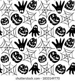 Seamless pattern with ghosts, scary faces, Jack lanterns, cobwebs. Vector backgrounds and textures for Halloween. Hand-drawn illustration in the style of flat doodles, isolated