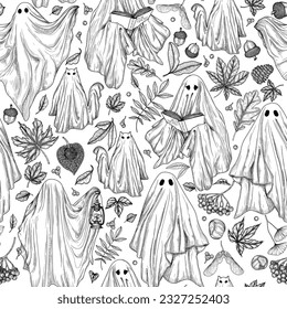 Seamless pattern ghosts surrounded by fallen autumn leaves in engraving style