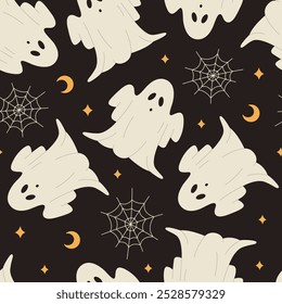 Seamless pattern with ghosts, webs, moons and stars on black background. Spooky Halloween night. Funny monsters. Vector flat illustration