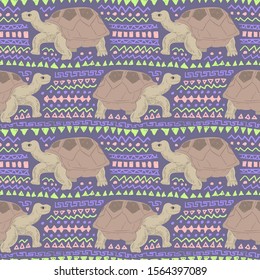 Seamless pattern of giant galapagos tortoise with ethnic ornament elements. Repetitive textile vector print, wallpaper design.