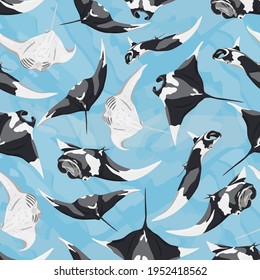 Seamless pattern with Giant oceanic manta ray. Manta rays Mobula birostris in different poses on a beautiful blue background with waves imitating water. Realistic vector sea animals.