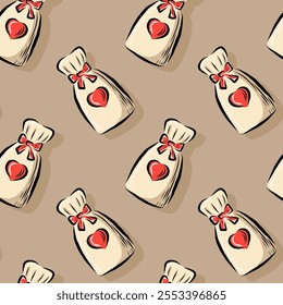 Seamless pattern of gift bags with hearts. For birthday, Valentine's Day. packaging, Vector