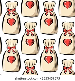 Seamless pattern of gift bags with hearts. For birthday, Valentine's Day. packaging, Vector