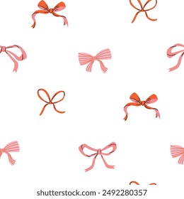 Seamless pattern, gift bows collection.  Wedding celebration print, holiday, christmas party decoration, gift, present concept. Vector pink and red Bow knots isolated on white background. 