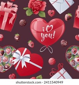 Seamless pattern with gift box, balloon, strawberries, candies with hearts. Great for wrapping paper, fabric, wallpaper, textiles. Background for Valentine's Day.