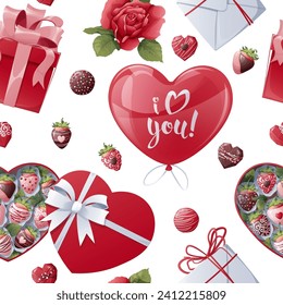 Seamless pattern with gift box, balloon, strawberries, candies with hearts. Great for wrapping paper, fabric, wallpaper, textiles. Background for Valentine's Day.