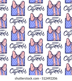 Seamless pattern with gift box, bow and Merry Christmas lettering design.Holidays background.Cute illustration.Vector gift box.Xmas presents.Colorful decorative pattern for celebrating winter holidays
