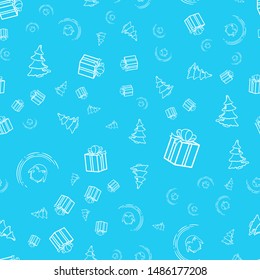 Seamless pattern with gift box, christmas tree and fat cute penguin. Vector illustration with round decorative elements on a blue background. Christmas-themed picture. Package design. Packing material