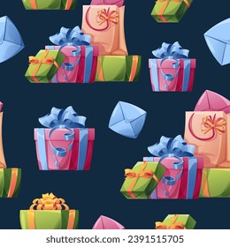 Seamless pattern with gift box, confetti, serpentine. Background with festive items for birthday. Festive texture for wrapping paper, cards, fabric, wallpaper.