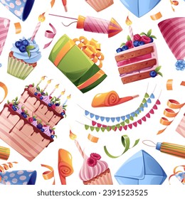 Seamless pattern with gift box, confetti, party hat, cake. Background with festive items for birthday. Festive texture for wrapping paper, cards, fabric, wallpaper.