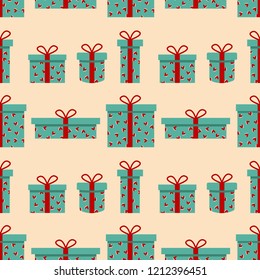 Seamless pattern of gift box with decorative hearts. Vector illustartion can be used for background, holiday packing, Christmas cards, new year postcard.