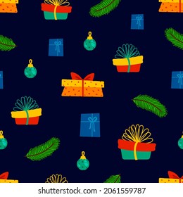 Seamless pattern of gift box different shapes Happy New Year set illustration on dark blue background. Vector art