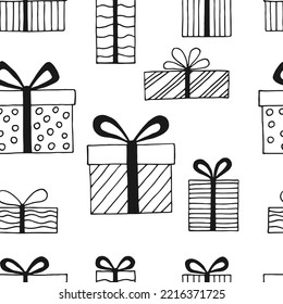 Seamless pattern with gift box with different bows. Hand drawn vector illustration.