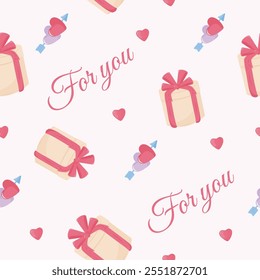 Padrão perfeito com caixa de presente e corações. Feliz Dia dos Namorados, Romance, conceito de amor. Perfeito para design de produto, scrapbooking, têxtil, papel de embalagem. EPS 10