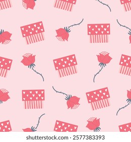 seamless pattern of gift box with hearts and beautiful rose flowers on pink background, romantic valentines day texture