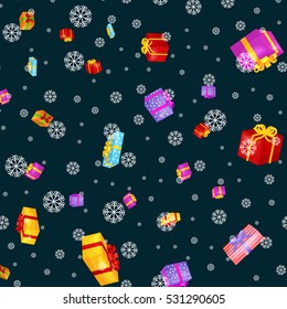 seamless pattern gift box for holiday presents with ribbons and bows, christmas background, happy birthday or xmas vector illustration