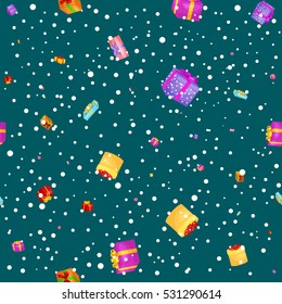 seamless pattern gift box for holiday presents with ribbons and bows, christmas background, happy birthday or xmas vector illustration