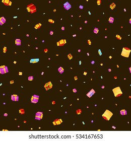 seamless pattern gift box for holiday presents with ribbons and bows, christmas background, happy birthday or xmas vector illustration