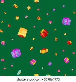 seamless pattern gift box for holiday presents with ribbons and bows, christmas background, happy birthday or xmas vector illustration