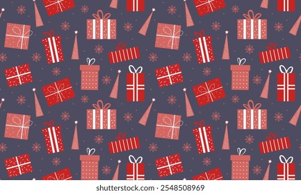 Nahtloses Muster von Geschenkbox Symbole in roter Farbe. Geschenk- und Geschenkschablone zum Verpacken von Papier, Krippenstoff, Geschenkverpackung