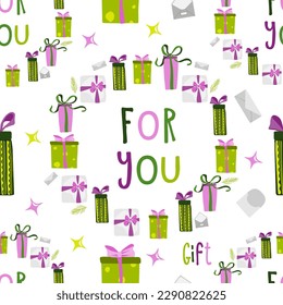 Seamless pattern gift box Illustrations. Simple cute style. Universal colors. Suitable for any holiday, event, celebration.