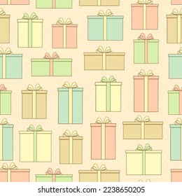 Seamless pattern with gift box on polka dot background. Happy new year vector illustration. Design for web, wrapping, wallpaper, print, textile.