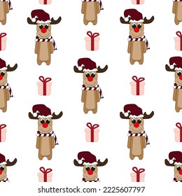 Seamless pattern with gift box and reindeer with red nose on white background. Set of christmas elements. Christmas wallpaper. Christmas wrapping paper. 