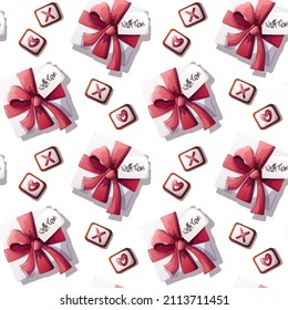 Seamless pattern with gift box and XOXO cookies. Happy Valentine's Day, Birthday, Love, wedding concept. Perfect for product design, scrapbooking, textile, wrapping paper.