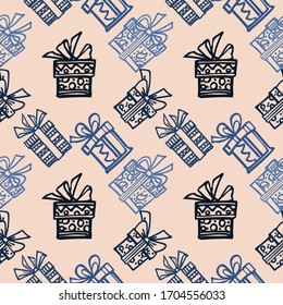 Seamless pattern. Gift boxes are arranged in geometric order. Design for packaging, paper, textile, fabric. Line art in freehand drawing style. Doodle illustration. Vector graphics.