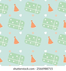Seamless pattern with gift boxes background Vector Image, pastel color.