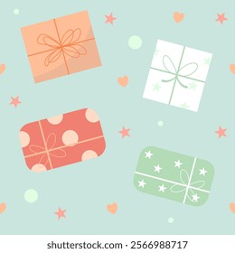 Seamless pattern with gift boxes background Vector Image, pastel color.