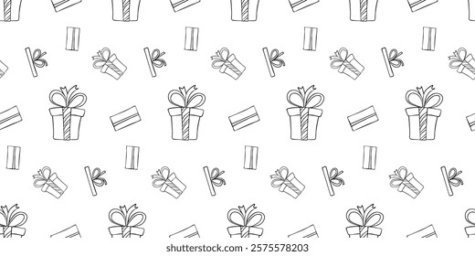 Seamless pattern with gift boxes with bow ribbons hand drawn doodle outline vector