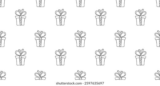 Seamless pattern with gift boxes with bow ribbons hand drawn doodle outline vector