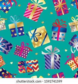 seamless pattern of gift boxes with bows. flat pattern using the gradient. many different boxes, colorful gradient, gold and silver gradient, turquoise background. vector illustration. EPS 10.