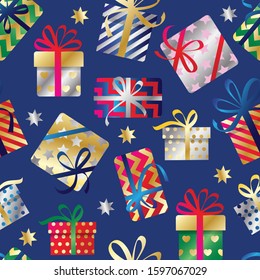 seamless pattern of gift boxes with bows. flat pattern using the gradient. multicolored gradient, gold and silver gradient, blue background. vector illustration. EPS 10.
