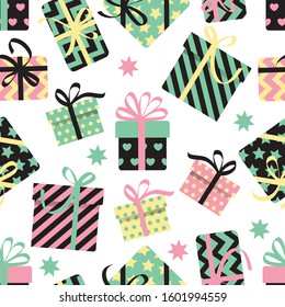 seamless pattern of gift boxes with bows. 
laconic flat pattern, four colors on a white background. vector illustration. EPS 10.