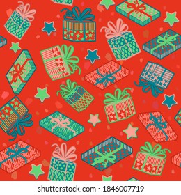 Seamless pattern of gift boxes with bows, colored patterns, on a red background.Vector illustration.