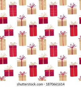 Seamless pattern with gift boxes with bows. Gift for Birthday, Christmas, New Year. Illustration for greeting cards, invitations, posters, wrapping paper, fabric